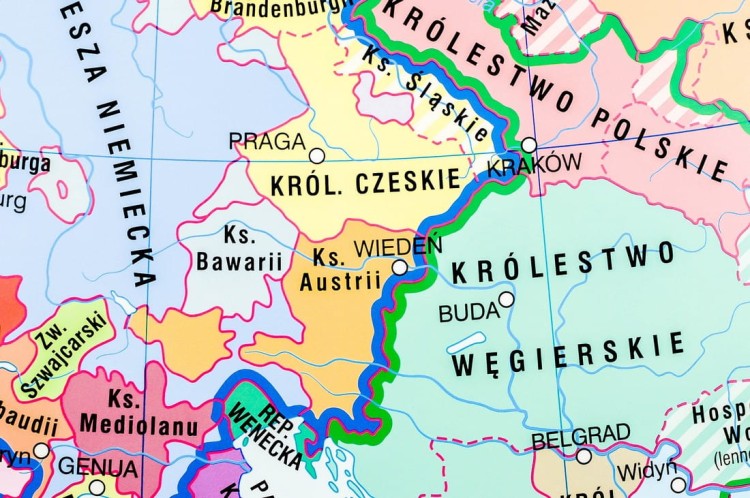 Polska Kazimierza Wielkiego / Zjednoczenie ziem polskich przez Władysława Łokietka. Dwustronna mapa ścienna wydawnictwa Nowa Era. Fragment 7