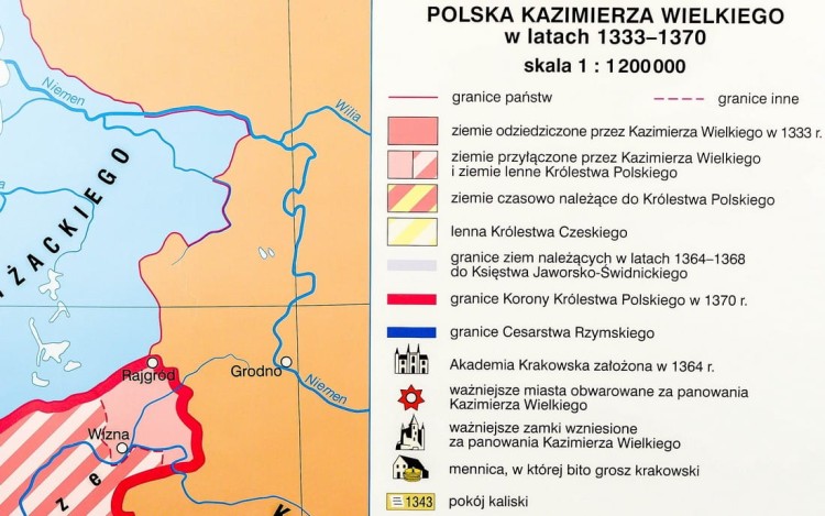 Polska Kazimierza Wielkiego / Zjednoczenie ziem polskich przez Władysława Łokietka. Dwustronna mapa ścienna wydawnictwa Nowa Era. Legenda 2