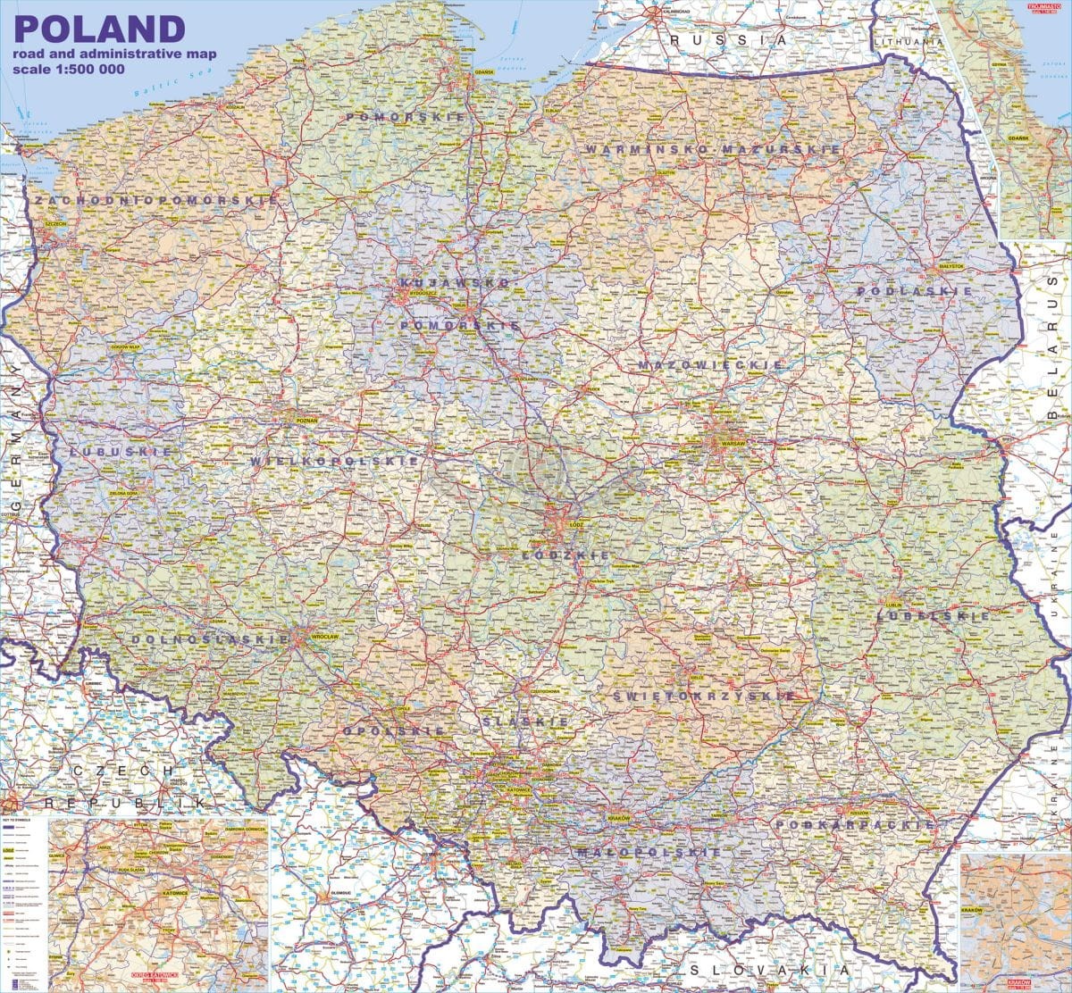 Polska / Poland 1:500 000. Mapa ścienna administracyjno-drogowa w j.angielskim. Wyd. 2026