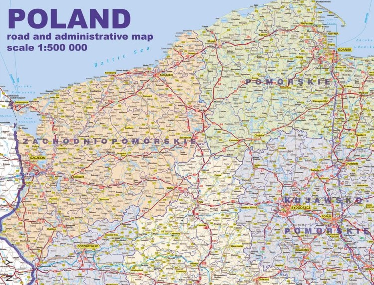 Polska 1:500 000. Mapa ścienna administracyjno-drogowa w j.angielskim wydawnictwa Jokart. Fragment 1