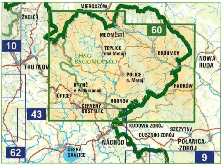 Broumovsko, Adrszpach, Skalne Miasto, Góry Stołowe 1:25 000. Mapa turystyczna 60 wydawnictwa Geodezie On Line. Zasięg