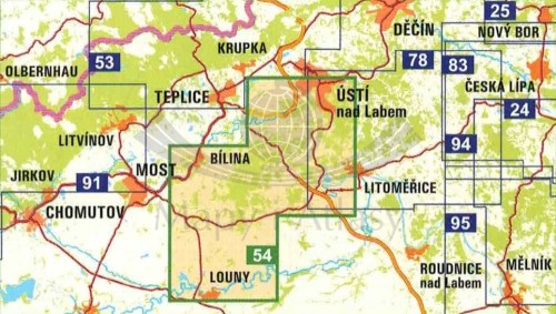 Czeskie Średniogórze - zachód / Ceske Stredohori - zapad 1:25 000. Mapa turystyczna 54 wydawnictwa Geodezie On Line. Zasięg