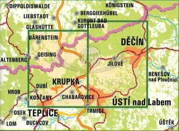 Decinske Steny, Krusne Hory (Rudawy) - wschód, Ustecko - północ 1:25 000. Mapa turystyczna 79 wydawnictwa Geodezie On Line. Zasięg