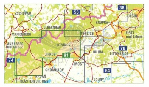 Rudawy - środkowe / Krusne Hory - stred 1:25 000. Mapa turystyczna 91 wydawnictwa Geodezie On Line. Zasięg