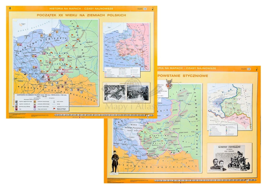 Powstanie styczniowe / Początek XX w. na ziemiach polskich. Dwustronna mapa ścienna