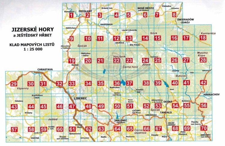 Góry Izerskie i Grzbiet Jesztedzki / Jizerske Hory a Jestedsky Hrbet 1:25 000. Atlas turystyczny wydawnictwa Kartografie HP. Skorowidz arkuszy