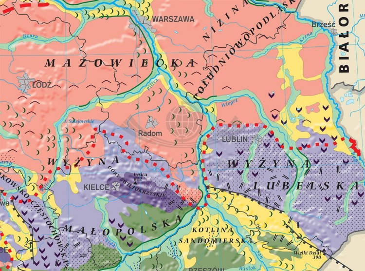 Geomorfologia Polski - typy rzeźby i ich pochodzenie. Fototapeta samoprzylepna. Mapa. Fragment 1