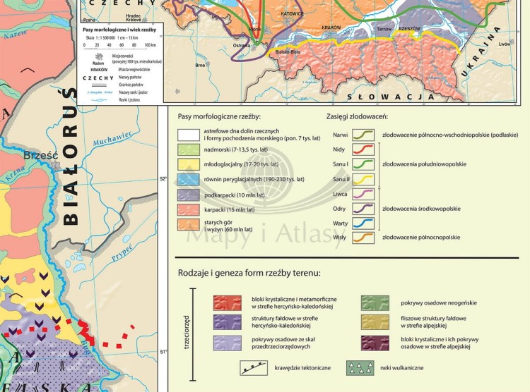 Geomorfologia Polski - typy rzeźby i ich pochodzenie. Fototapeta samoprzylepna. Mapa. Fragment 2