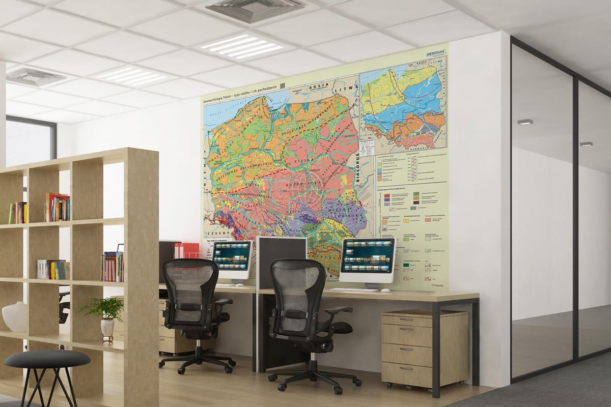 Geomorfologia Polski - typy rzeźby i ich pochodzenie. Fototapeta samoprzylepna.  Mapa