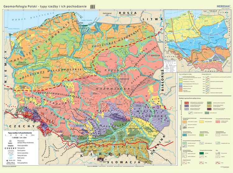 Geomorfologia Polski - typy rzeźby i ich pochodzenie. Fototapeta samoprzylepna. Mapa. Całość