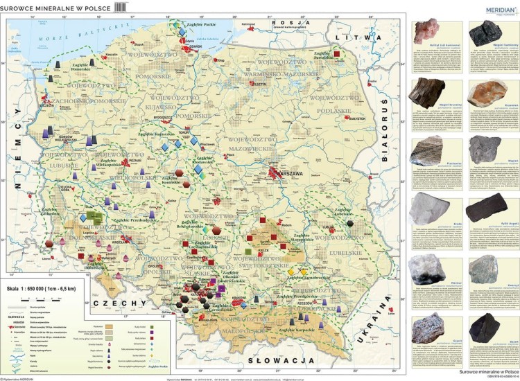 Surowce mineralne w Polsce. Fototapeta samoprzylepna. Plansza edukacyjna. Całość