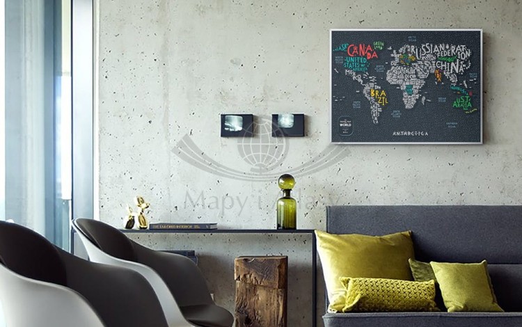Świat mapa zdrapka Travel Map Letters World. Przykład oprawy i aranżacji