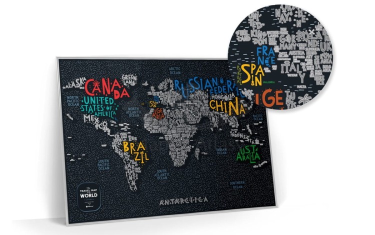 Świat mapa zdrapka Travel Map Letters World. Całość ze zbliżeniem