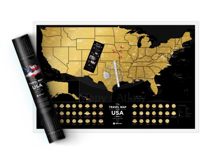 Stany Zjednoczone. Mapa zdrapka Travel Map USA Black. Zdrapka + tuba
