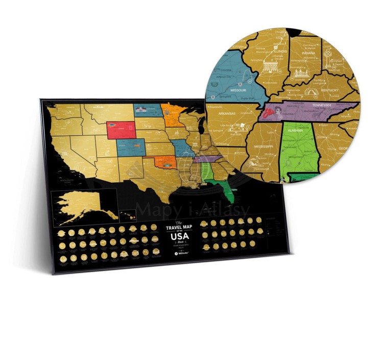 Stany Zjednoczone. Mapa zdrapka Travel Map USA Black. Mapa + przybliżenie