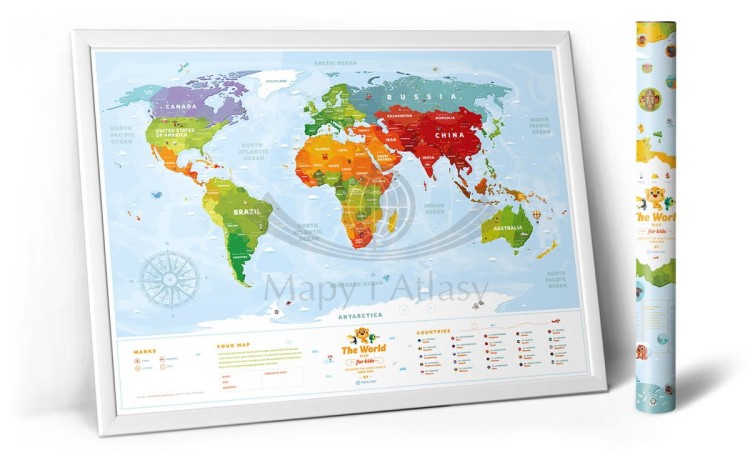 Świat. Mapa interaktywna Travel Map Kids Animal. Przykład oprawy + tuba