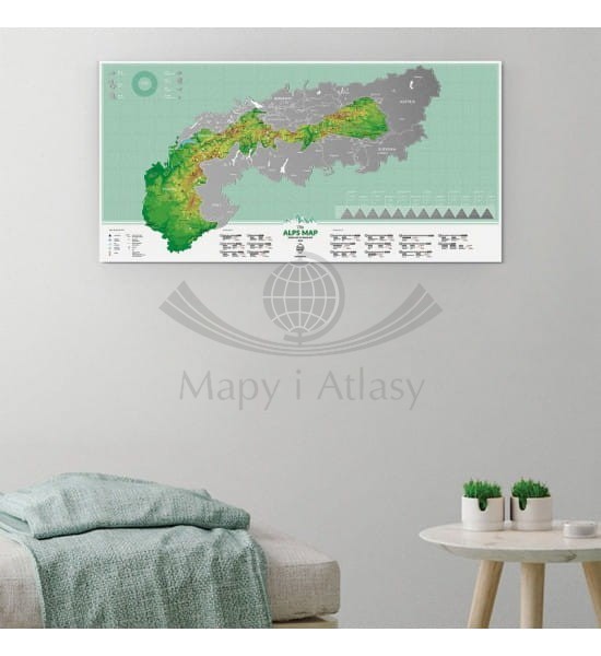 Alpy mapa zdrapka wydawnictwa International Travel Map. Przykład oprawy i aranżacji