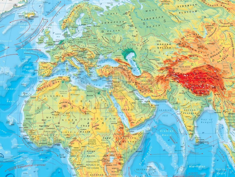Mapa fizyczna świata. Fototapeta samoprzylepna.  Fragment 1