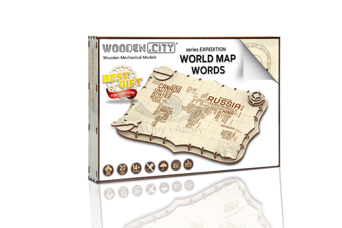 Świat mapa. Puzzle drewniane  - World Map Words