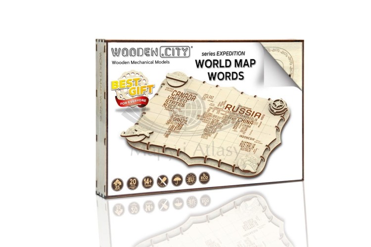Świat mapa. Puzzle drewniane. Producent: WOODEN.CITY. Opakowanie