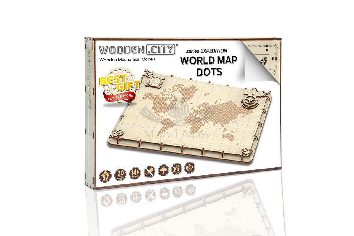Świat mapa. Puzzle drewniane - World Map Dots