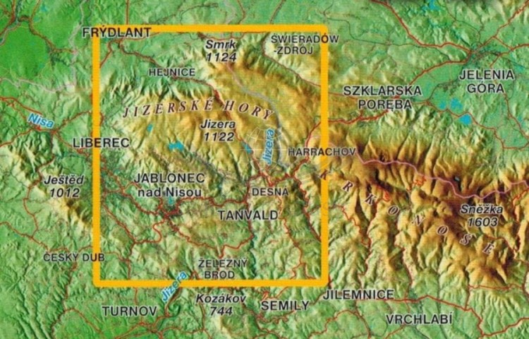 Góry Izerskie. Mapa turystyczna wydawnictwa Kartografie HP. Zasięg