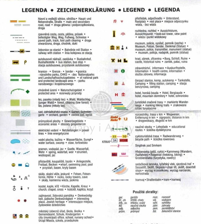 Jizerske Hory / Góry Izerskie 1:25 000. Mapa turystyczna wydawnictwa Kartografie HP. Legenda