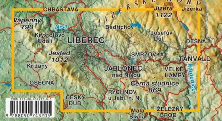 Jestedsky Hrbet / Grzbiet Jesztedzki. Mapa turystyczna wydawnictwa Kartografie HP. Zasięg