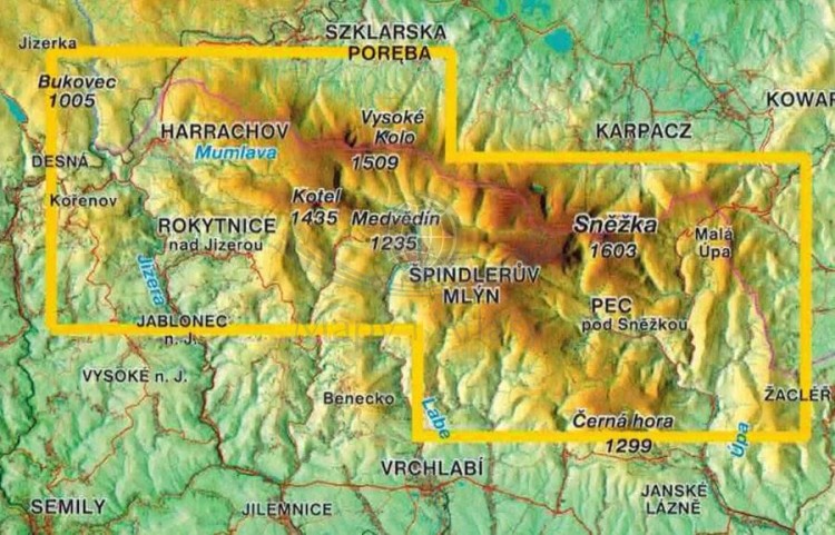 Karkonosze - grzbiety. Mapa turystyczna wydawnictwa Kartografie HP. Zasięg