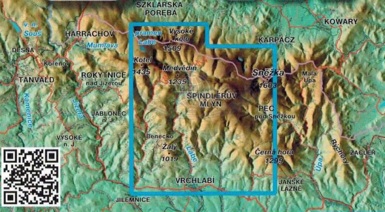 Karkonosze środkowe. Od Vchrlabi po grzbiety. Mapa turystyczna wydawnictwa Kartografie HP. Zasięg