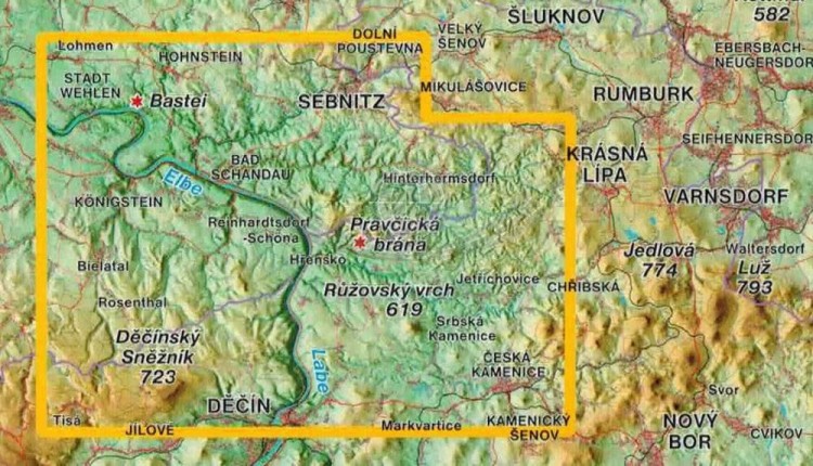 Łabskie Piaskowce, Czeska Szwajcaria. Mapa turystyczna wydawnictwa Kartografie HP. Zasięg