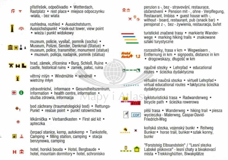 Łabskie Piaskowce, Czeska Szwajcaria. Mapa turystyczna wydawnictwa Kartografie HP. Legenda 2