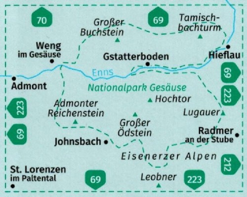 Park Narodowy Gesause. Wodoodporna mapa turystyczna 206 wydawnictwa Kompass. Zasięg