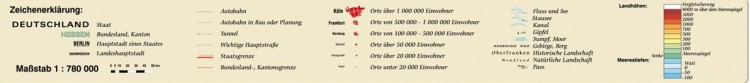Kraje niemieckojęzyczne 1:780 000. Mapa ścienna fizyczna, w języku niemieckim wydawnictwa Meridian. Legenda