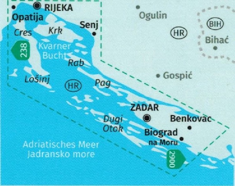 Wybrzeże dalmatyńskie, część północna. Wodoodporna mapa turystyczna 2901 wydawnictwa Kompass. Zasięg