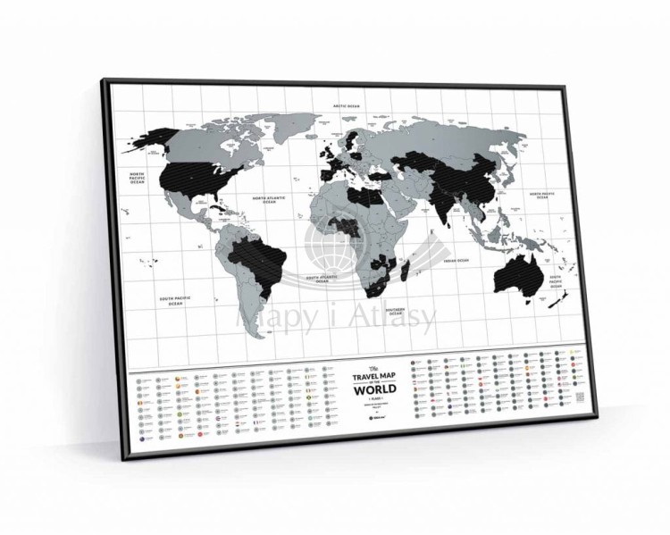 Świat. Mapa zdrapka Travel Map Flags World. Przykład oprawy częściowo zdrapanej mapy