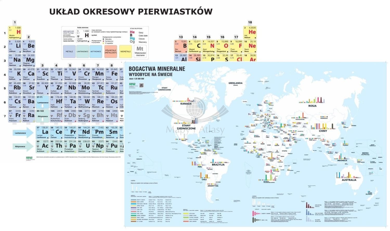 Świat. Bogactwa mineralne i wydobycie na świecie / Układ okresowy pierwiastków. Dwustronna mapa ścienna