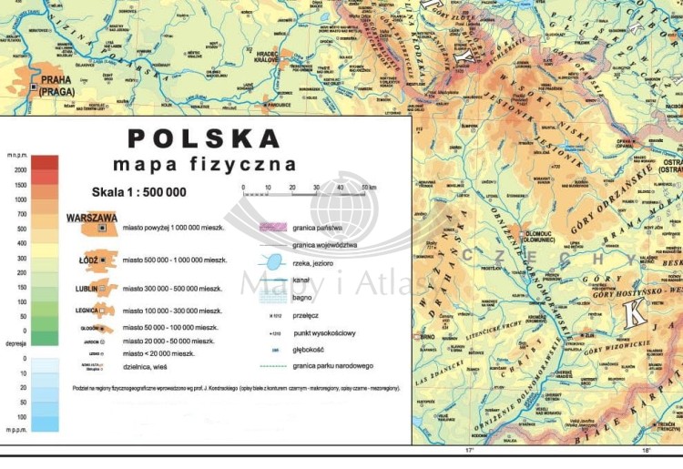 Polska 1:500 000. Dwustronna mapa ścienna. Strona fizyczna, legenda