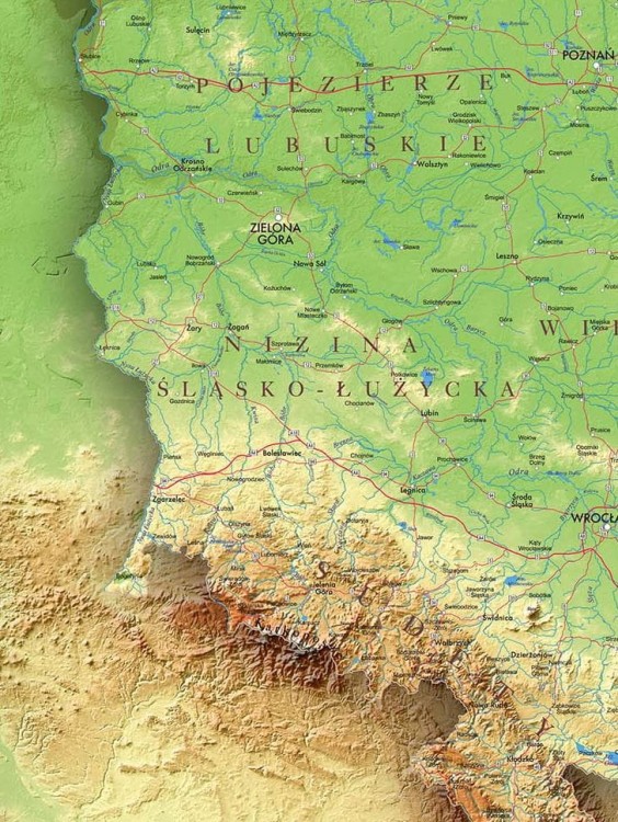 Polska 1:750 000. Mapa ścienna fizyczna z efektem 3D. Fragment 4