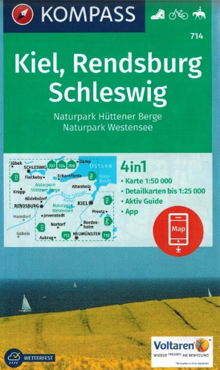Kiel, Rendsburg, Schleswig. Wodoodporna mapa turystyczna 714 wydawnictwa Kompass.  Okładka