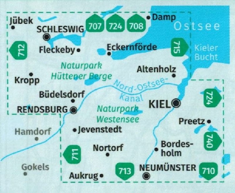 Kiel, Rendsburg, Schleswig. Wodoodporna mapa turystyczna 714 wydawnictwa Kompass. Zasięg