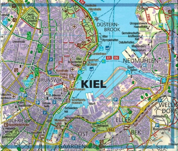 Kiel, Rendsburg, Schleswig. Wodoodporna mapa turystyczna 714 wydawnictwa Kompass. Fragment 1