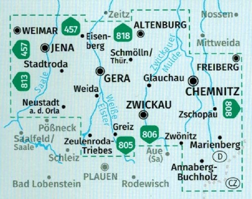 Wschodnia Turyngia, Zwickau. Zestaw map turystycznych 804 wydawnictwa Kompass. Zasięg dwóch map