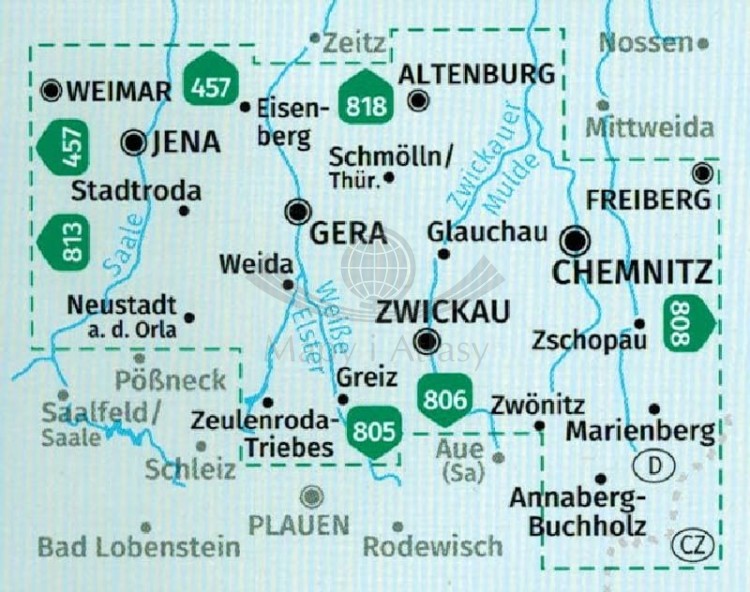 Wschodnia Turyngia, Zwickau. Zestaw map turystycznych 804 wydawnictwa Kompass. Zasięg dwóch map