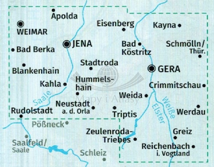 Wschodnia Turyngia, Zwickau. Zestaw dwóch map turystycznych 804 wydawnictwa Kompass. Zasięg pierwszej mapy