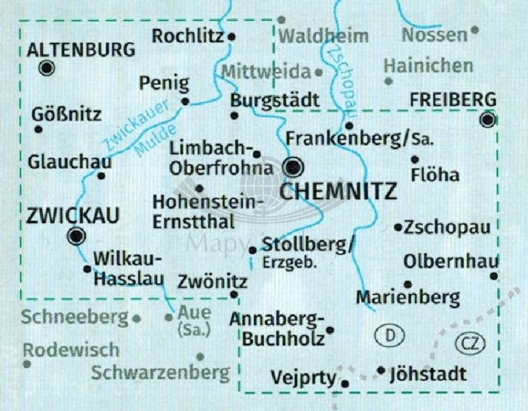 Wschodnia Turyngia, Zwickau. Zestaw dwóch map turystycznych 804 wydawnictwa Kompass. Zasięg drugiej mapy