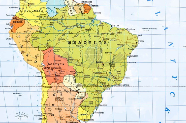 Świat 1:28 000 000. Naklejka, mapa ścienna polityczna. Producent: Piętka. Fragment 2