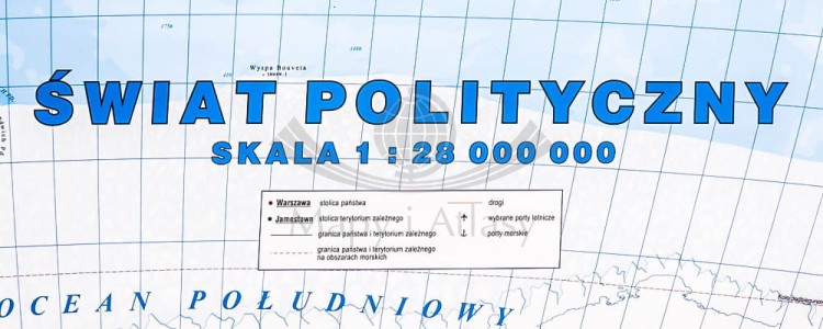 Świat 1:28 000 000. Naklejka, mapa ścienna polityczna. Producent: Piętka. Legenda