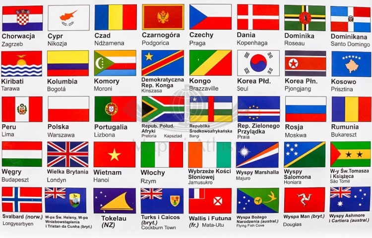 Świat 1:28 000 000. Naklejka, mapa ścienna polityczna. Producent: Piętka. Flag - fragment