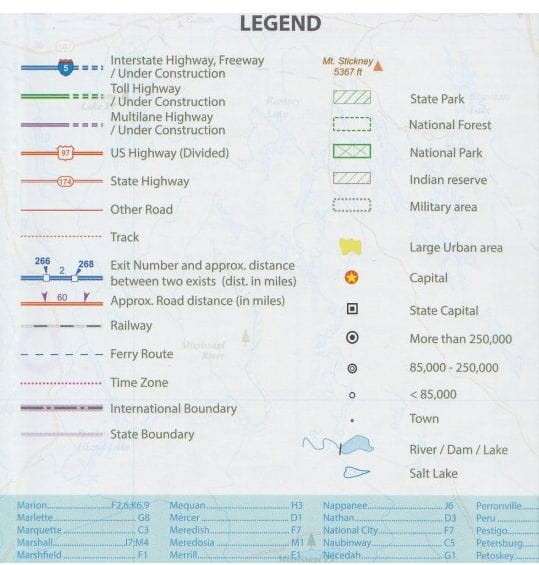 Chicago i Jezioro Michigan. Wodoodporna mapa samochodowo-turystyczna wydawnictwa ITMB.  Fragment legendy - Jeziora Michigan